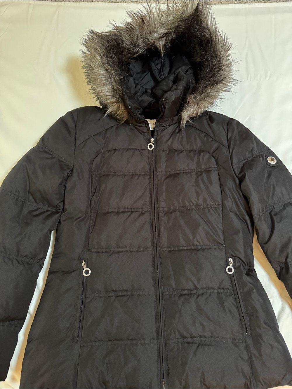 Calvin Klein Women's Black Hooded Faux-Fur Trim Puffer Jacket Size: M NWOT